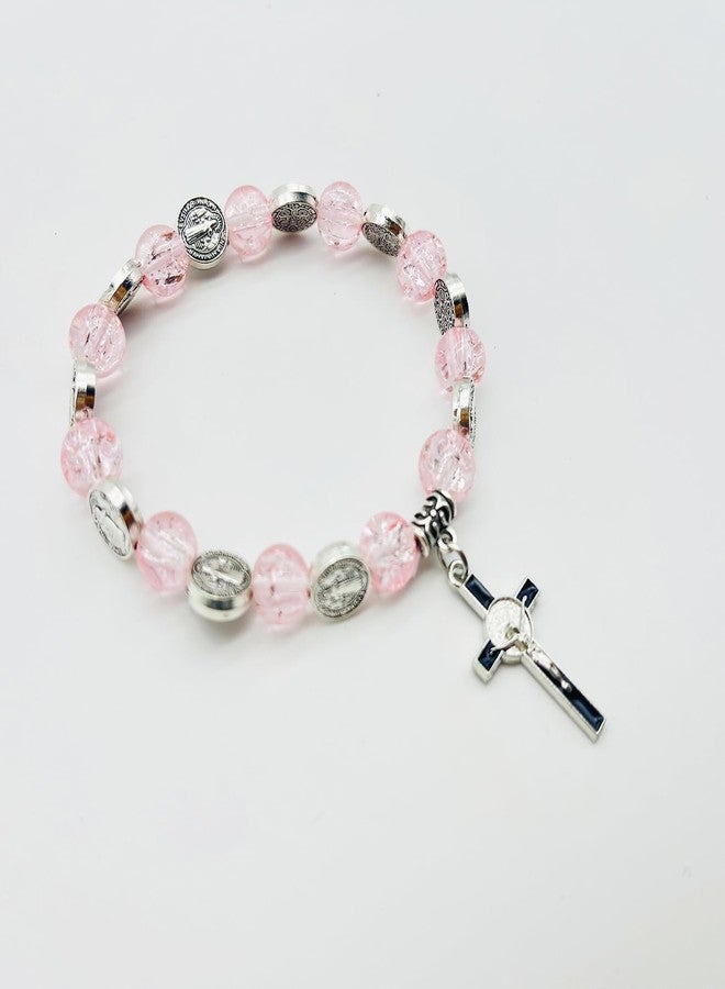 CACALOSS 8MM Blue Crystal Bracelet Jesus Cross Rosary Bracelet for Baptism Prayer Eucharist Gift (Pink) - Image 3